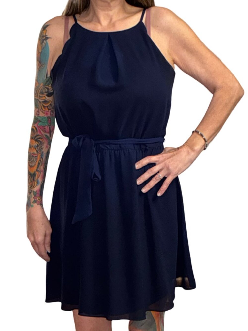 Sz.XL*IZ BYER*Navy Blue Gauzy Sleeveless Belted Mini Dress